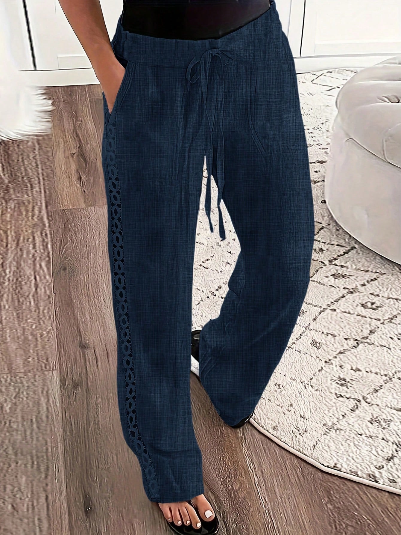 EMERY ROSE Women's Casual Jeans-Like Side Lace Long Pants Navy Blue