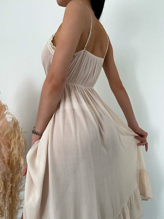 Contrast Eyelet Embroidered Panel Slip Pajama Nightdress Flowy Dress Beige