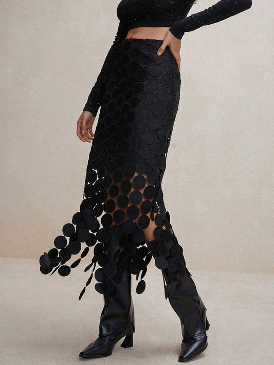 Anewsta Laser Cut Multi Circle Double Layered Skirt Maxi Women Outfit Black