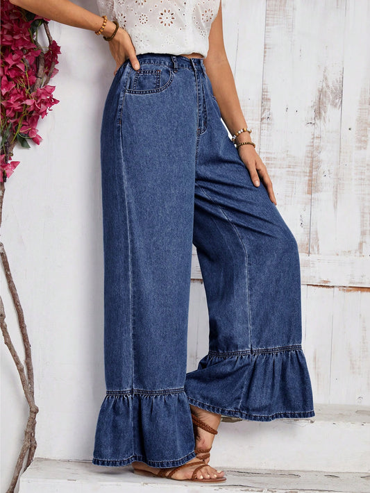 EMERY ROSE Women's Pocket Decor Ruffle Hem Wide Leg Loose Casual Jeans Dark Wash
